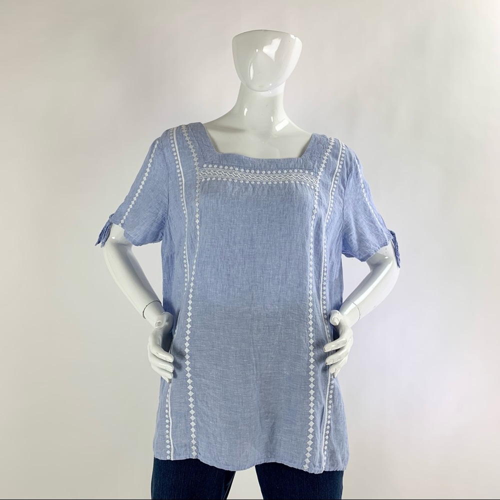 Women’s Extra Large (XL) Blue TALBOTS Linen Embroidered Short Sleeve Top